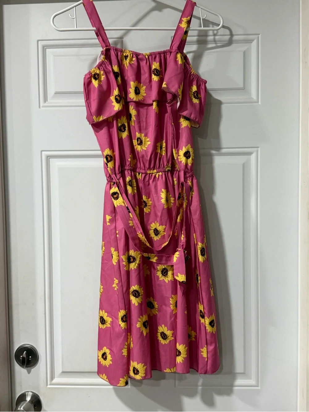 SHEIN Pink Sunflower Print Cold-Shoulder Girls Dress